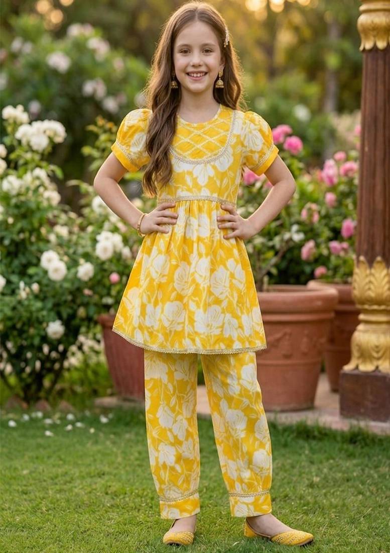 Yellow and white printed cotton festive wear kurta set