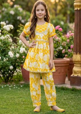Yellow and white printed cotton festive wear kurta set 2