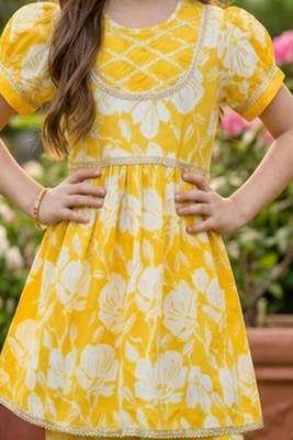 Yellow and white printed cotton festive wear kurta set 5
