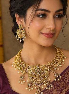 South Indian Temple Jewelry Set, Antique Gold Lakshmi Necklace Earrings, Bridal Wedding Pearl Jewellery 1