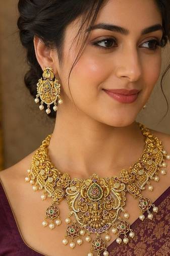 South Indian Temple Jewelry Set, Antique Gold Lakshmi Necklace Earrings, Bridal Wedding Pearl Jewellery