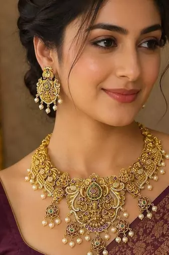 South Indian Temple Jewelry Set, Antique Gold Lakshmi Necklace Earrings, Bridal Wedding Pearl Jewellery