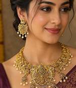 South Indian Temple Jewelry Set, Antique Gold Lakshmi Necklace Earrings, Bridal Wedding Pearl Jewellery
