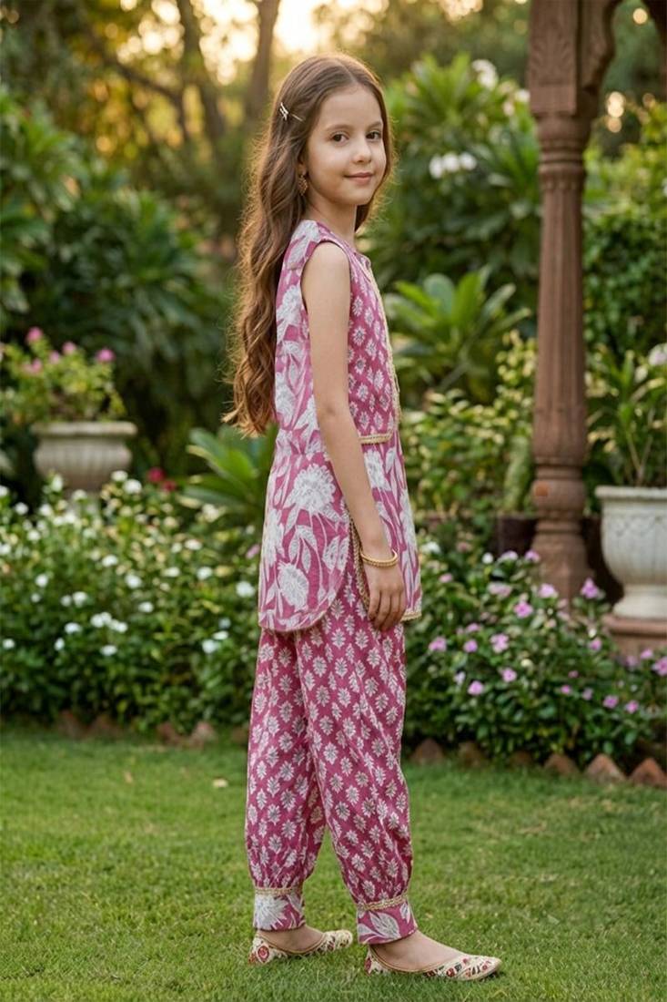 Pink and white printed cotton festive wear kurta set