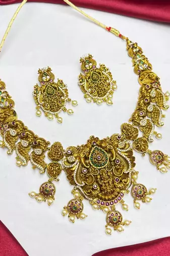 South Indian Temple Jewelry Set, Antique Gold Lakshmi Necklace Earrings, Bridal Wedding Pearl Jewellery