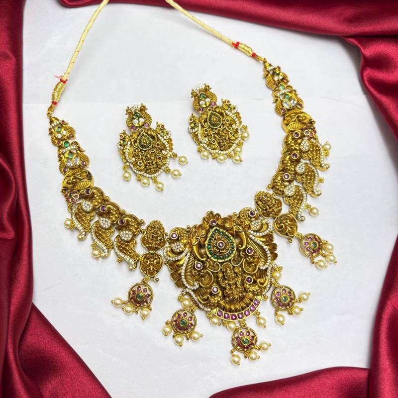 South Indian Temple Jewelry Set, Antique Gold Lakshmi Necklace Earrings, Bridal Wedding Pearl Jewellery