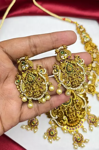 South Indian Temple Jewelry Set, Antique Gold Lakshmi Necklace Earrings, Bridal Wedding Pearl Jewellery