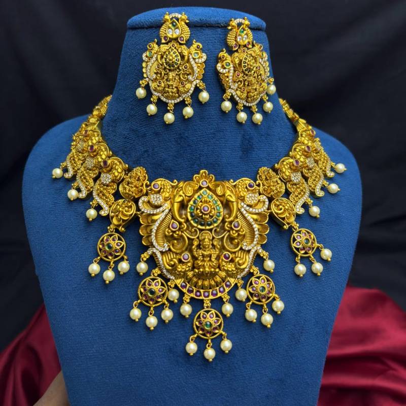 South Indian Temple Jewelry Set, Antique Gold Lakshmi Necklace Earrings, Bridal Wedding Pearl Jewellery