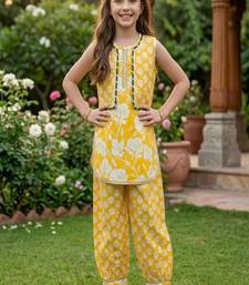 Yellow and white printed cotton festive wear kurta set