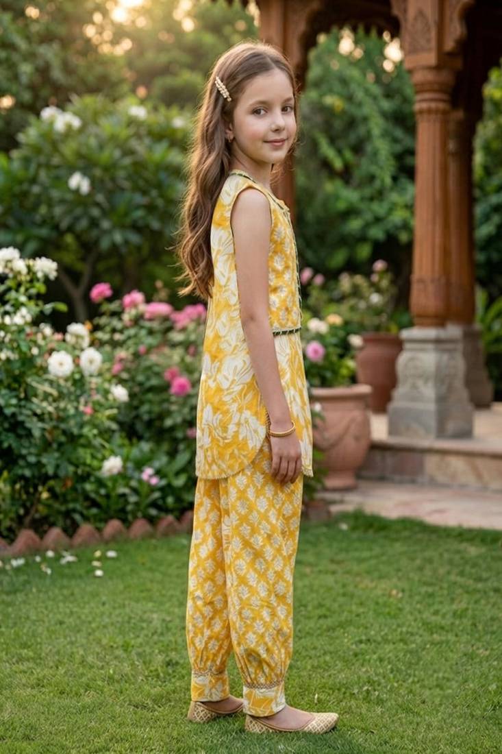 Yellow and white printed cotton festive wear kurta set