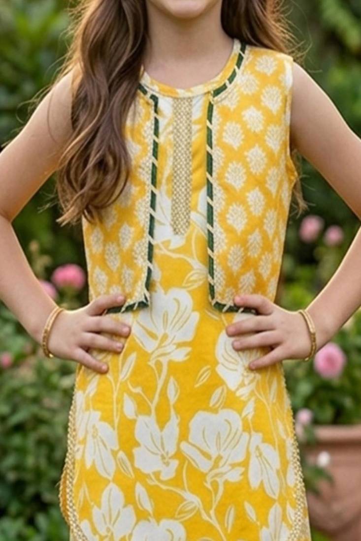 Yellow and white printed cotton festive wear kurta set
