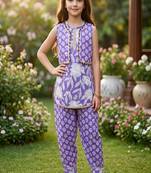 Purple and white printed cotton festive wear kurta set