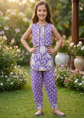 Purple and white printed cotton festive wear kurta set 2