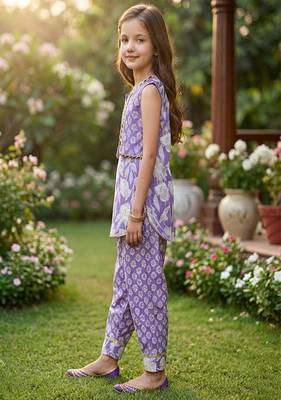 Purple and white printed cotton festive wear kurta set 3