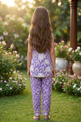 Purple and white printed cotton festive wear kurta set 4
