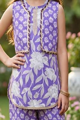 Purple and white printed cotton festive wear kurta set 5