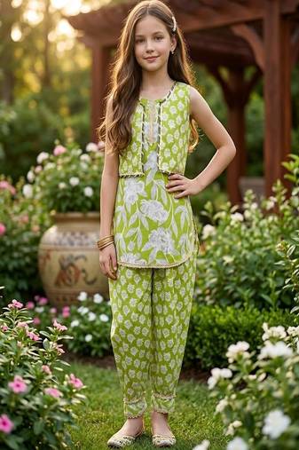 Green and white printed cotton festive wear kurta set