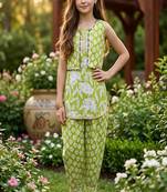 Green and white printed cotton festive wear kurta set