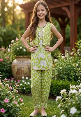 Green and white printed cotton festive wear kurta set 2
