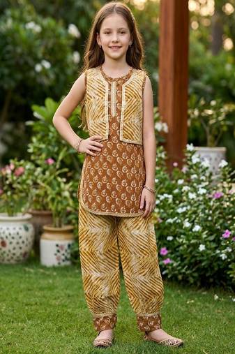 Brown and white printed cotton festive wear kurta set