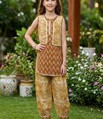 Brown and white printed cotton festive wear kurta set