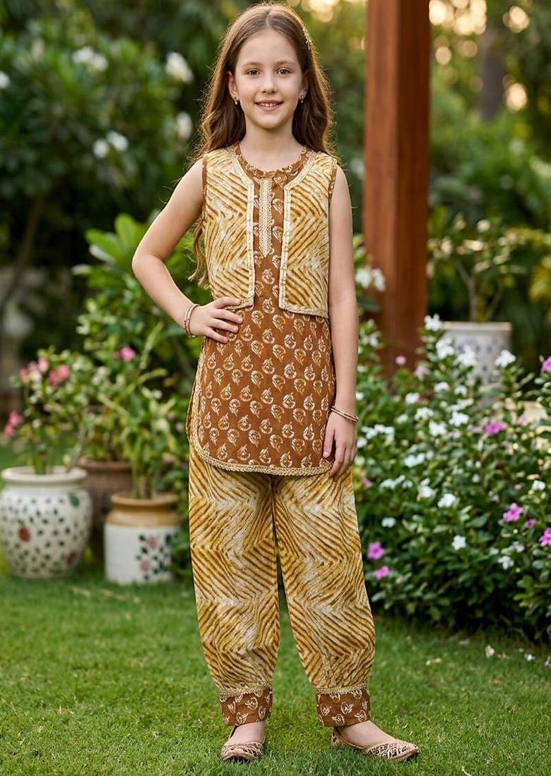 Brown and white printed cotton festive wear kurta set