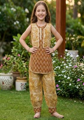 Brown and white printed cotton festive wear kurta set 2