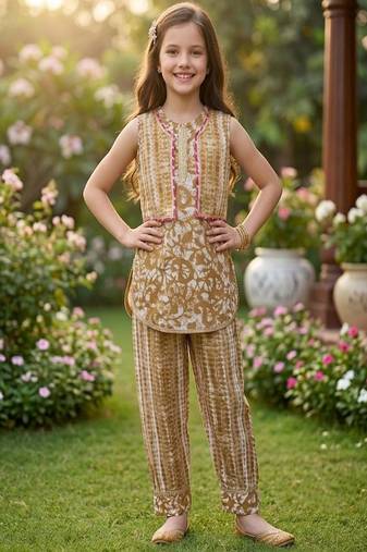 Brown and white printed cotton festive wear kurta set