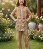 Brown and white printed cotton festive wear kurta set