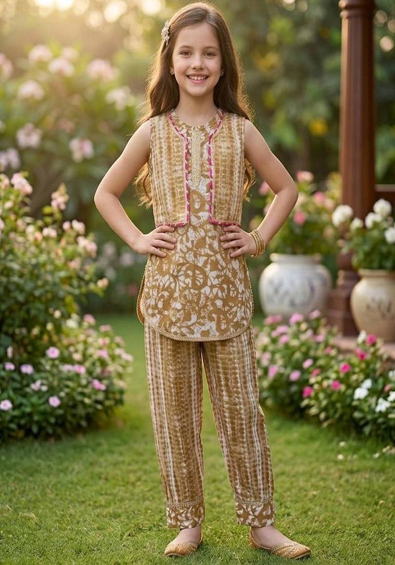 Brown and white printed cotton festive wear kurta set