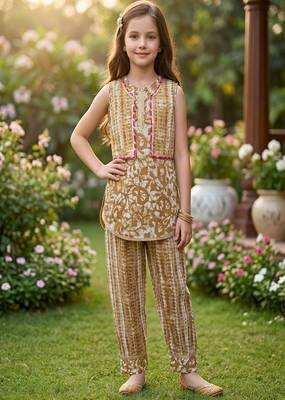 Brown and white printed cotton festive wear kurta set 2