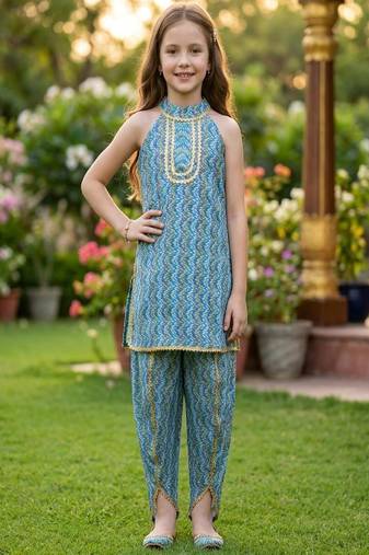 Blue and multi printed cotton festive wear kurta set