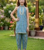Blue and multi printed cotton festive wear kurta set