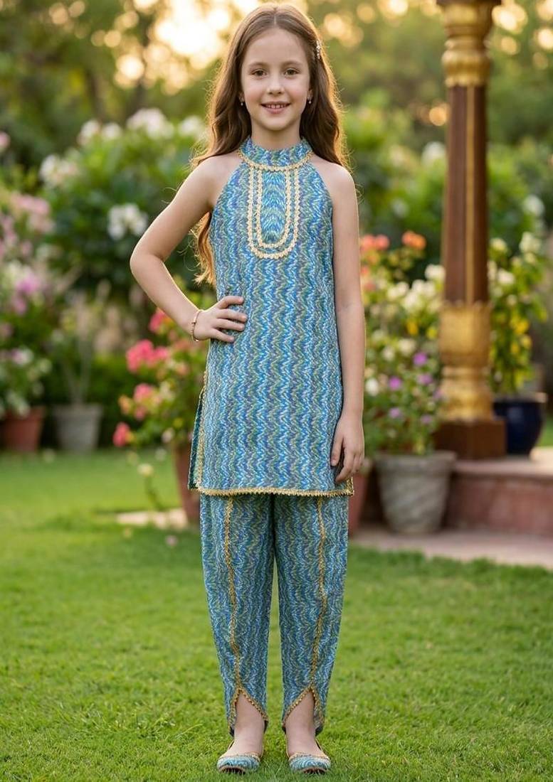 Blue and multi printed cotton festive wear kurta set