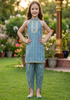 Blue and multi printed cotton festive wear kurta set 2
