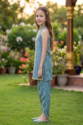 Blue and multi printed cotton festive wear kurta set 3