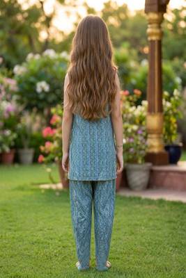 Blue and multi printed cotton festive wear kurta set 4