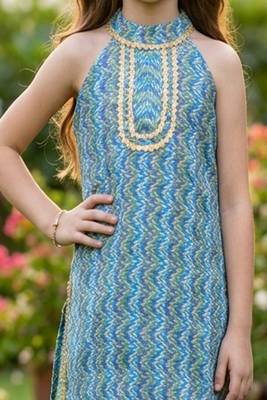 Blue and multi printed cotton festive wear kurta set 5