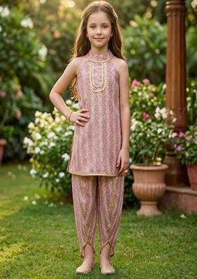 Pink and multi printed cotton festive wear kurta set 1