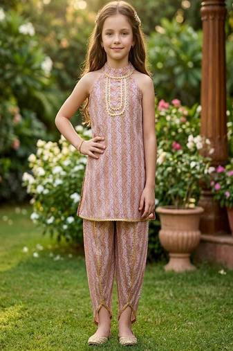 Pink and multi printed cotton festive wear kurta set