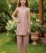 Pink and multi printed cotton festive wear kurta set