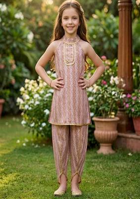Pink and multi printed cotton festive wear kurta set 2