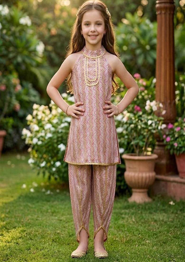 Pink and multi printed cotton festive wear kurta set
