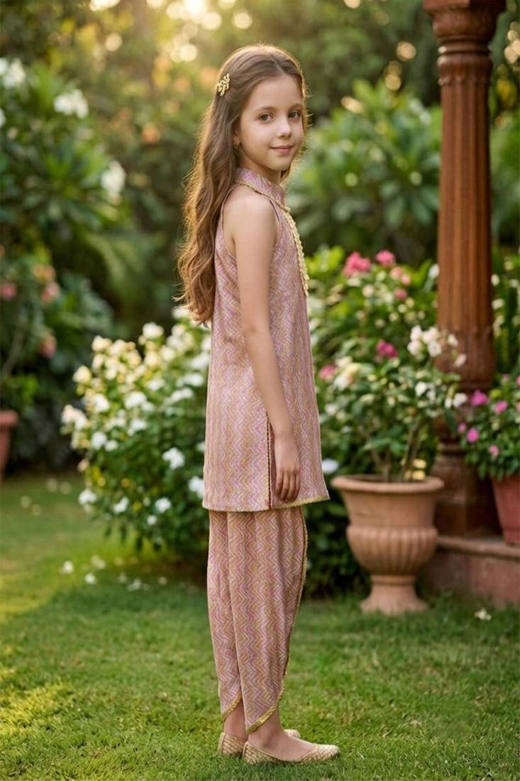Pink and multi printed cotton festive wear kurta set