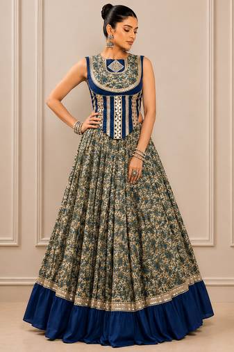 Navy Blue Navratri Chanderi Lehenga with Real Mirror Work