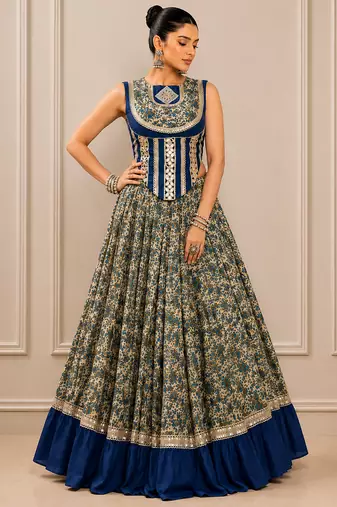 Navy Blue Navratri Chanderi Lehenga with Real Mirror Work