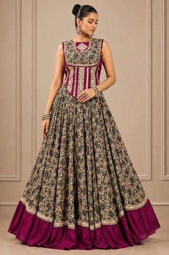 Wine Navratri Chanderi Lehenga with Real Mirror Work