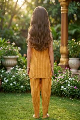 Mustard and golden printed cotton festive wear kurta set 4