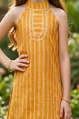 Mustard and golden printed cotton festive wear kurta set 5