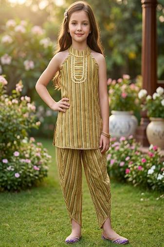 Golden and multi printed cotton festive wear kurta set